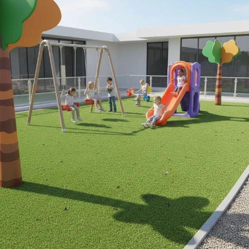 Outdoor play zone with artificial grass