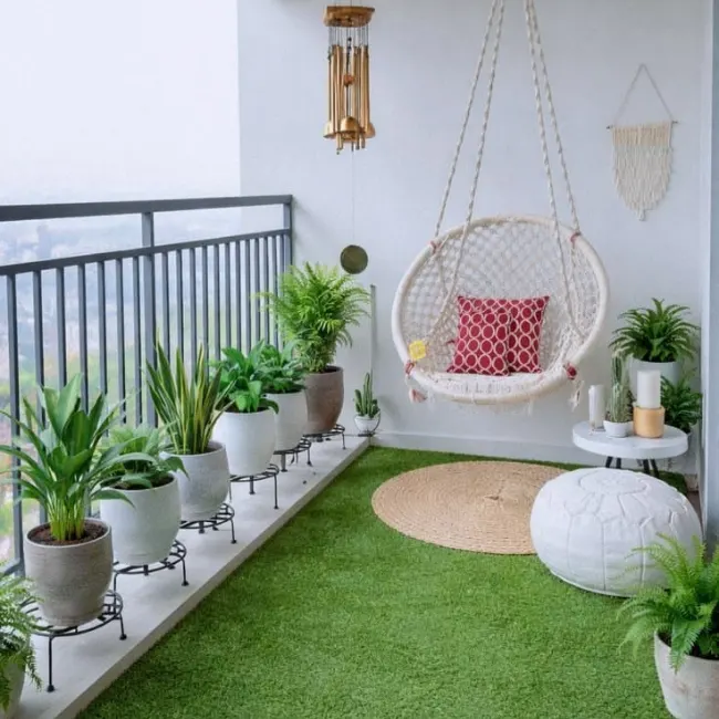 Balcony artificial grass with plants
