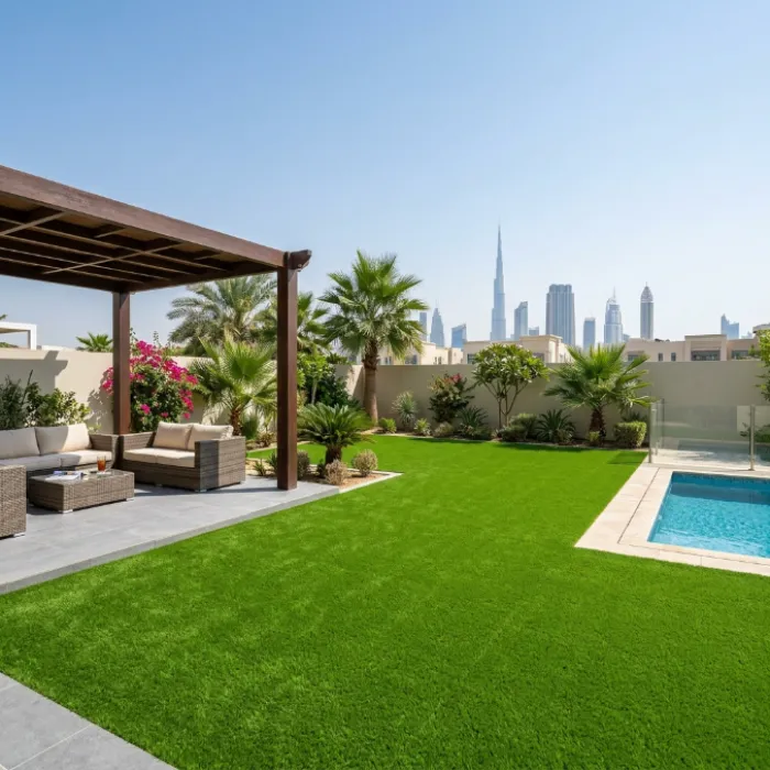 Premium artificial grass installation in a Dubai villa garden with swimming pool