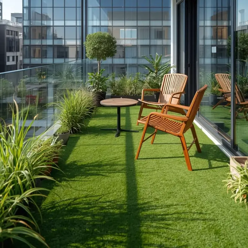 Modern apartment balcony with artificial grass flooring