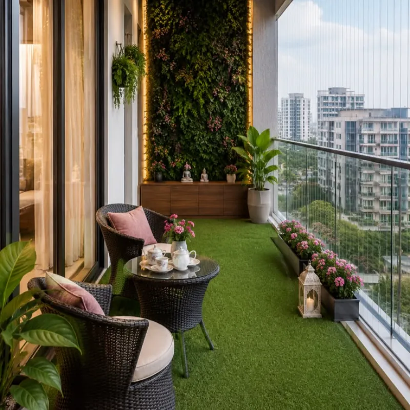 Small apartment balcony upgraded with green artificial turf