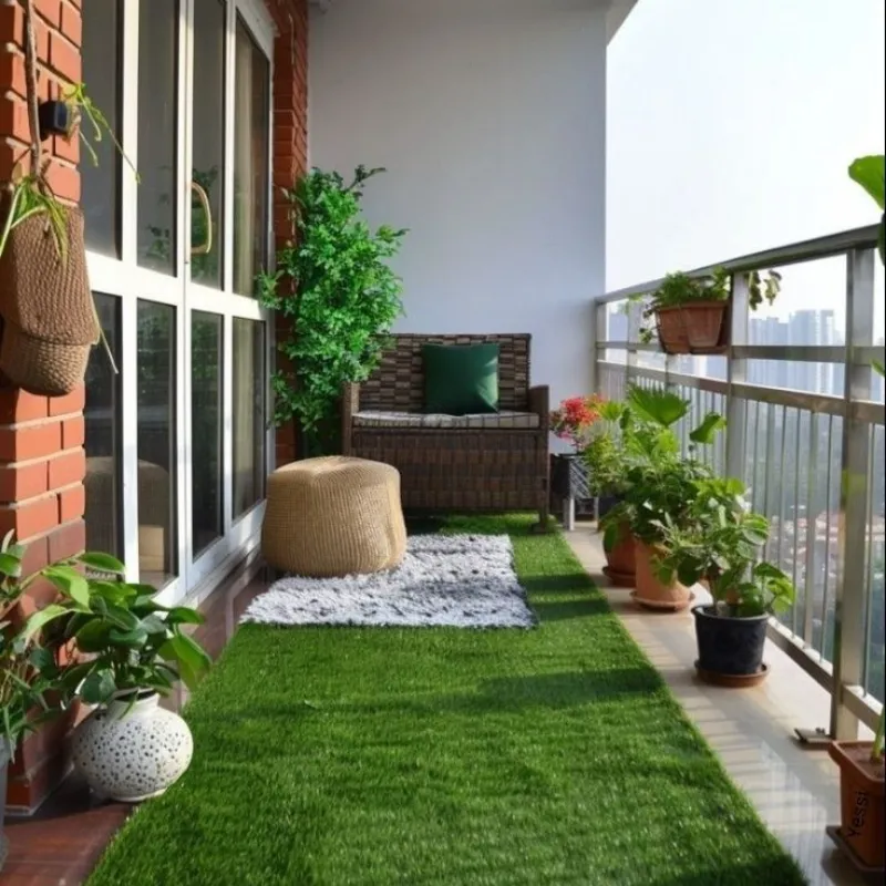 Residential balcony featuring artificial grass carpet installation