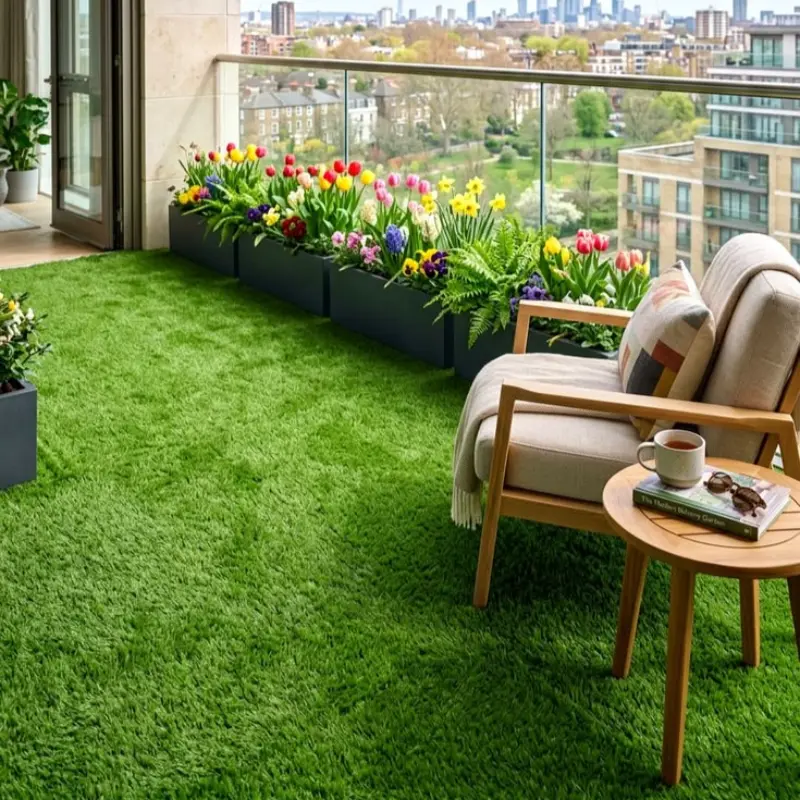 Spacious Dubai balcony with artificial grass flooring