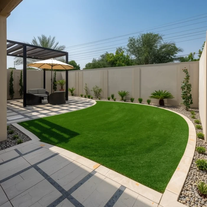 Curved artificial grass installation in a private Dubai garden