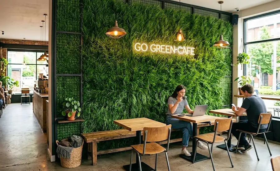 Artificial Grass Wall Install in Cafe